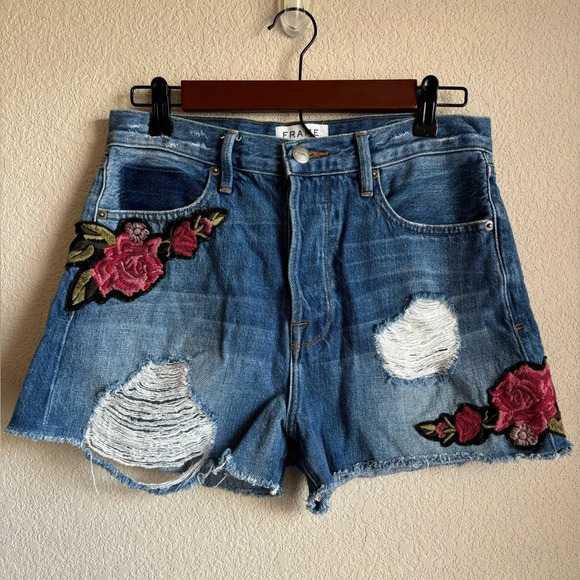 Frame Denim Le Original Rose Patch Distressed Denim Shorts - Picture 1 of 7